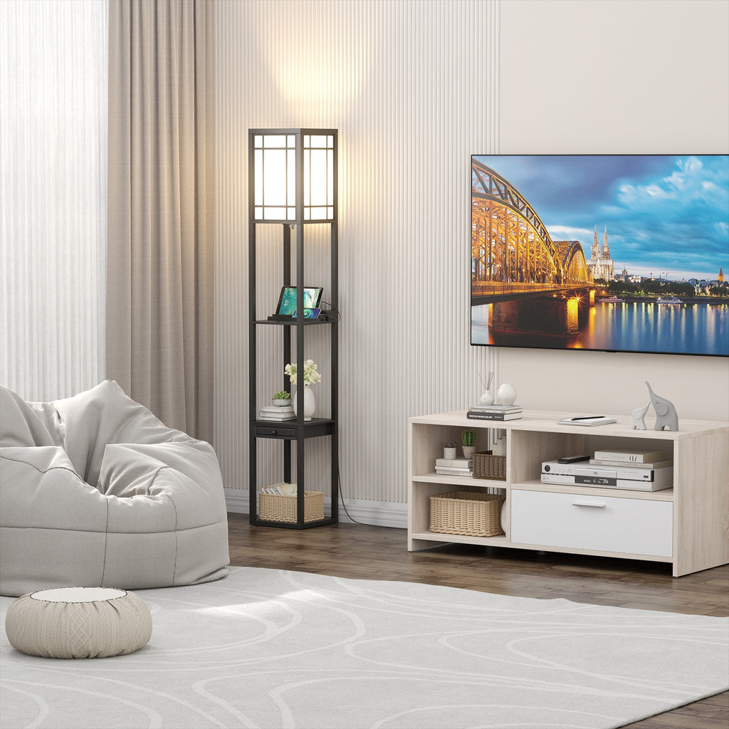Modern Floor Lamp with Shelves Drawer USB Charging Outlet White Lampshade