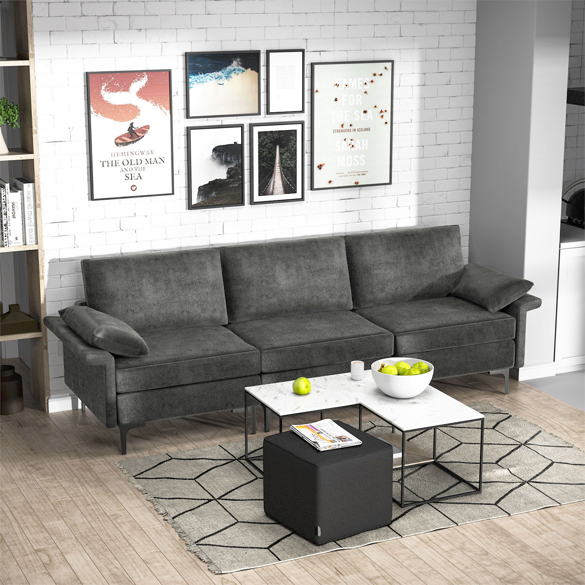 3-Seat Sofa with USB Ports and Metal Legs, Gray