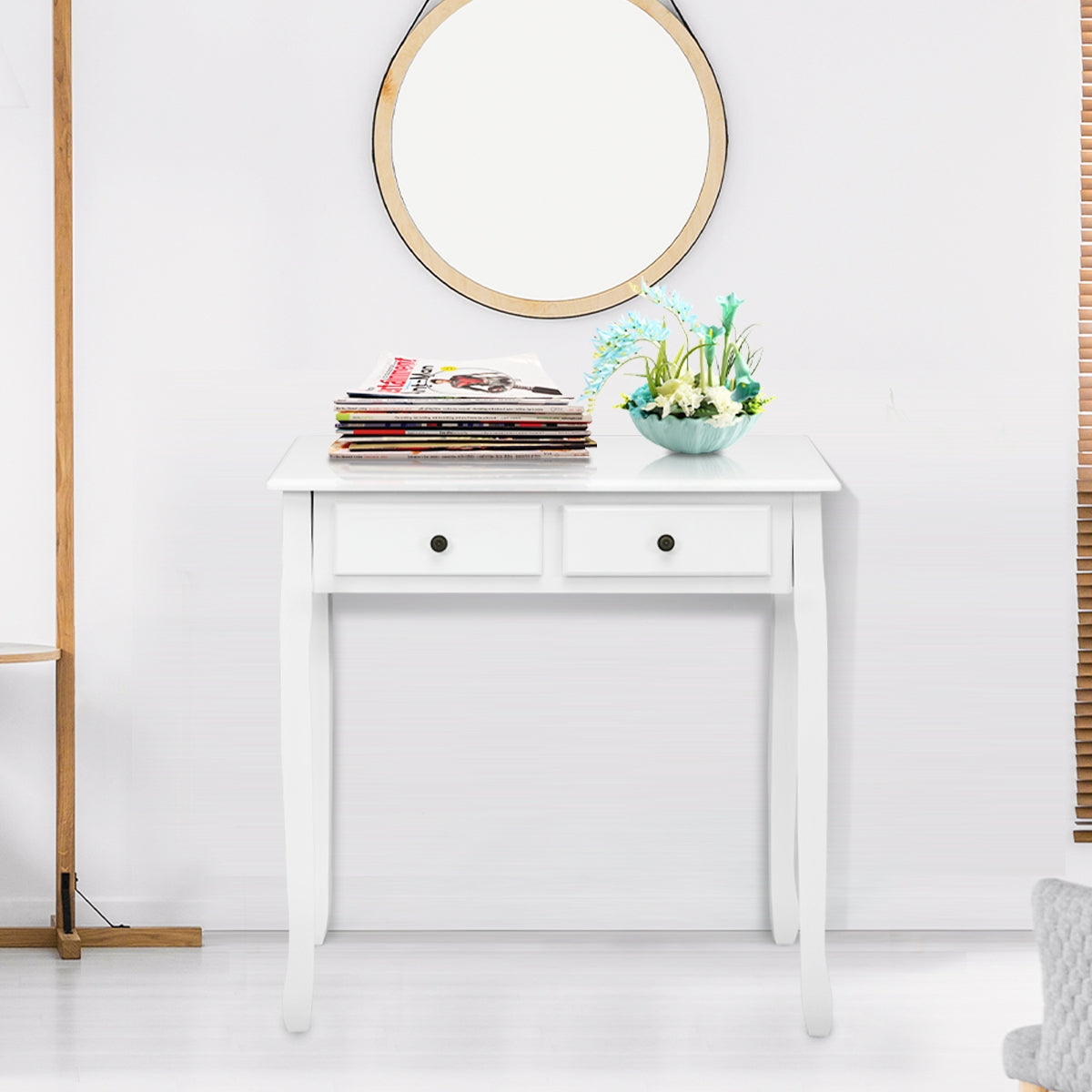 Vintage White Writing Desk with 4 Drawers & Storage Cabinet