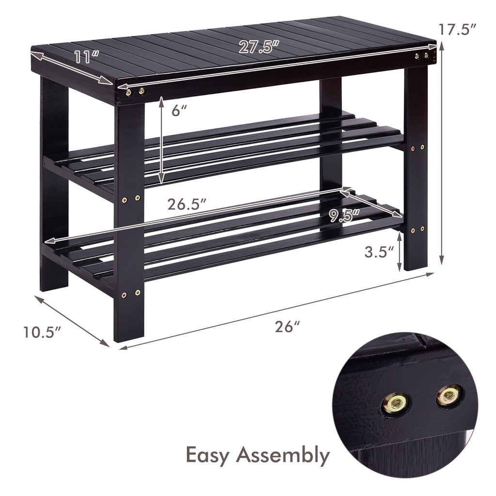 3-Tier Bamboo Shoe Rack Bench, Black