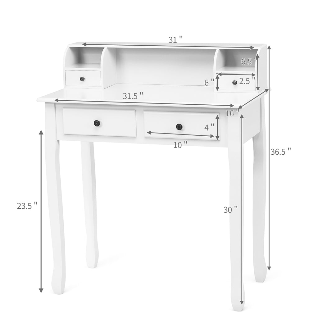Vintage White Writing Desk with 4 Drawers & Storage Cabinet