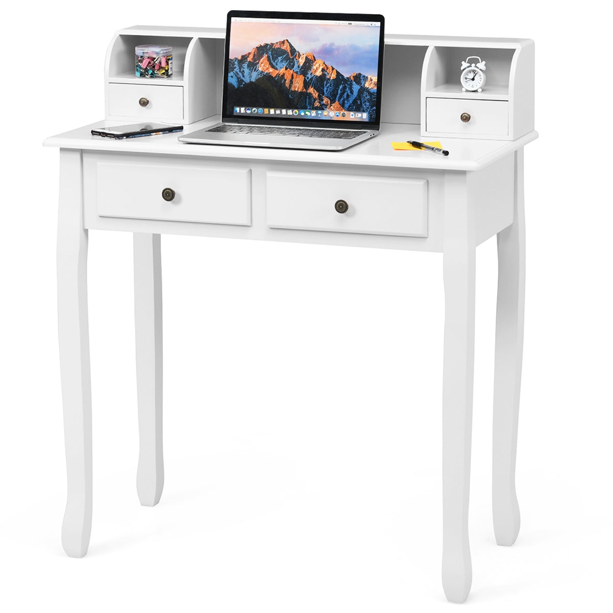 Vintage White Writing Desk with 4 Drawers & Storage Cabinet