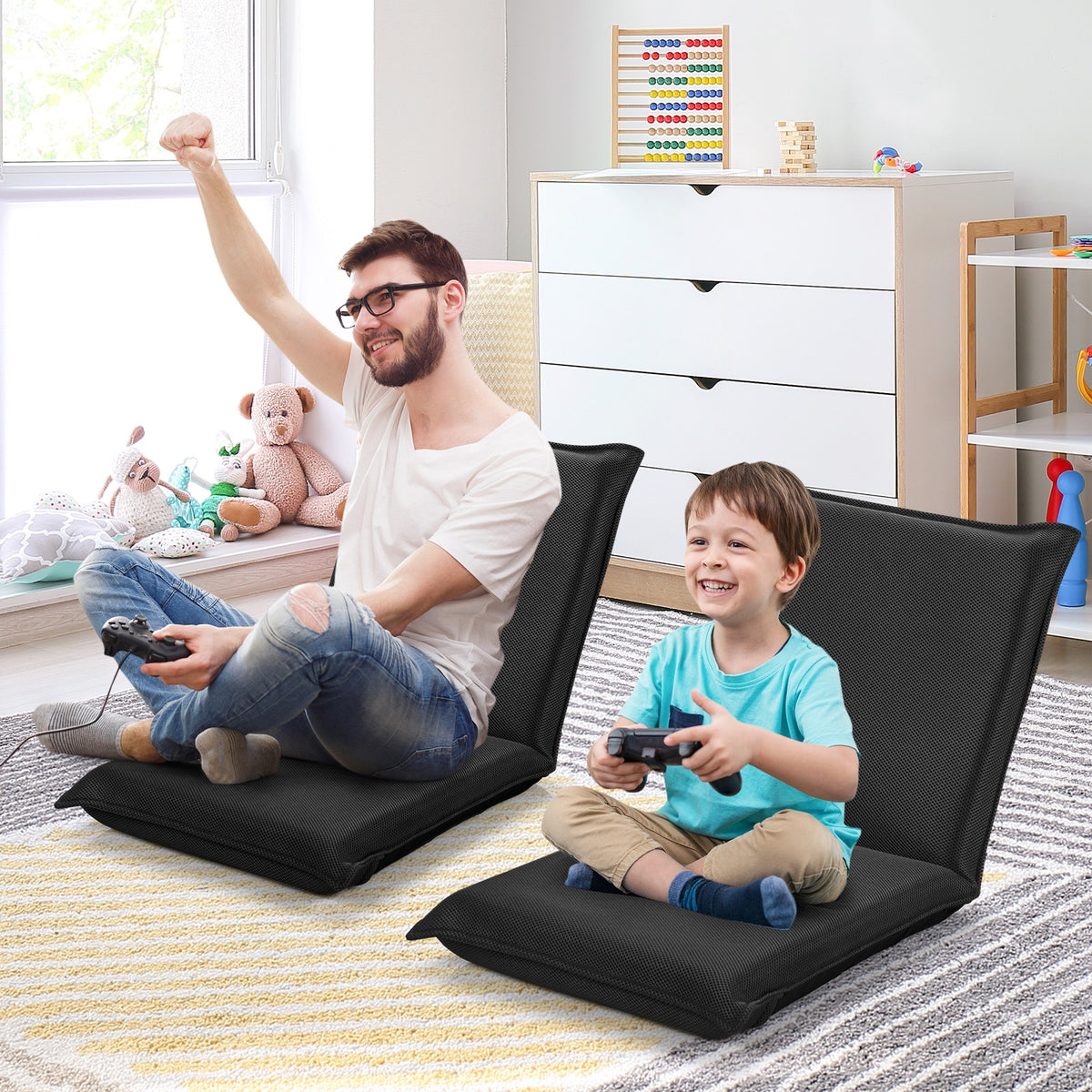 6-Position Folding Floor Chair with Back Support - Black