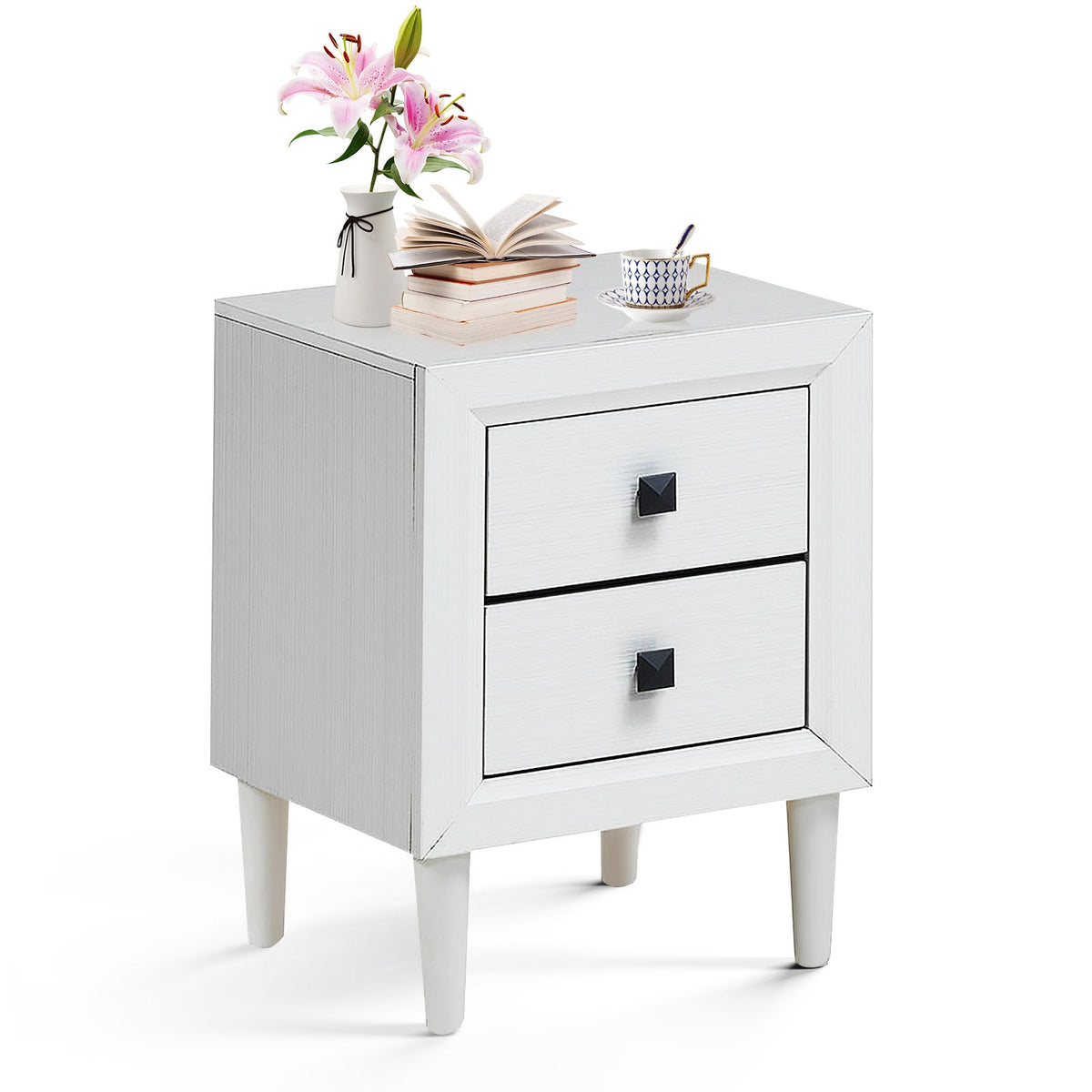 Retro Bedside Nightstand with 2 Drawers - White