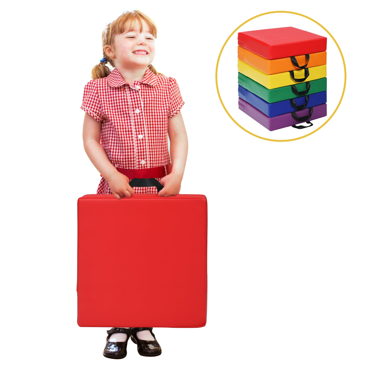 Multicolor 15 Inch Square Toddler Floor Cushions Set with Handles - 6 Pieces