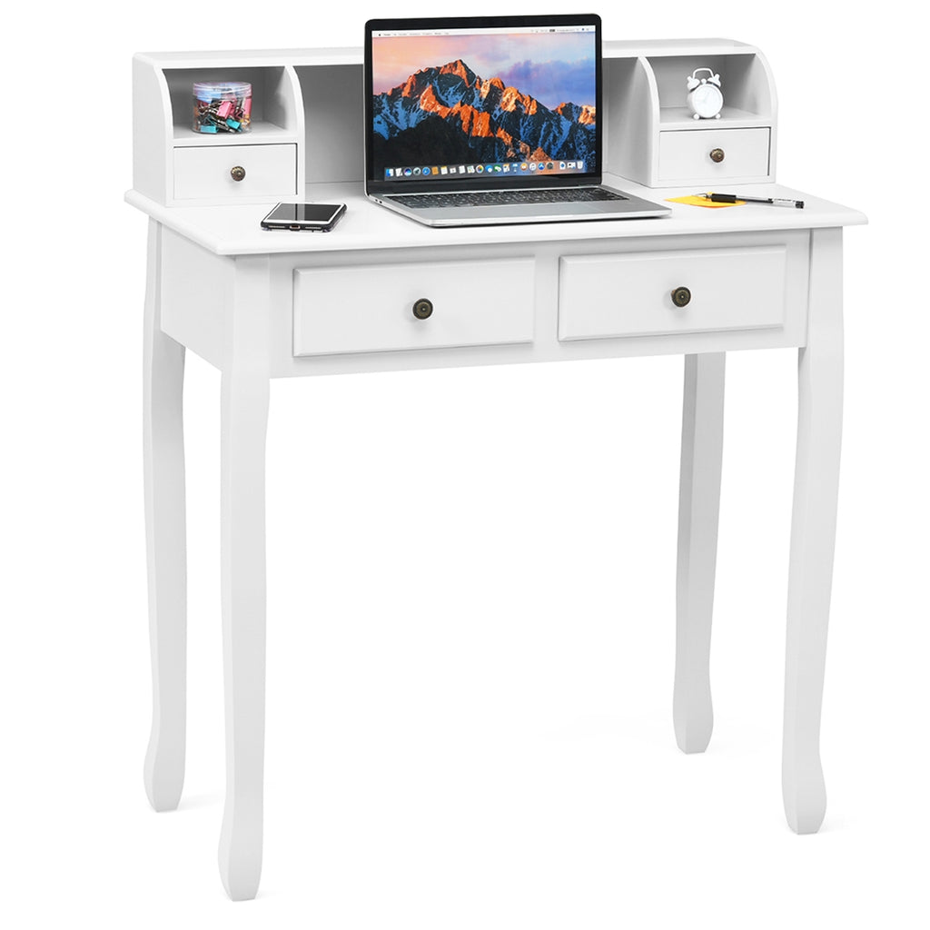 Vintage White Writing Desk with 4 Drawers & Storage Cabinet