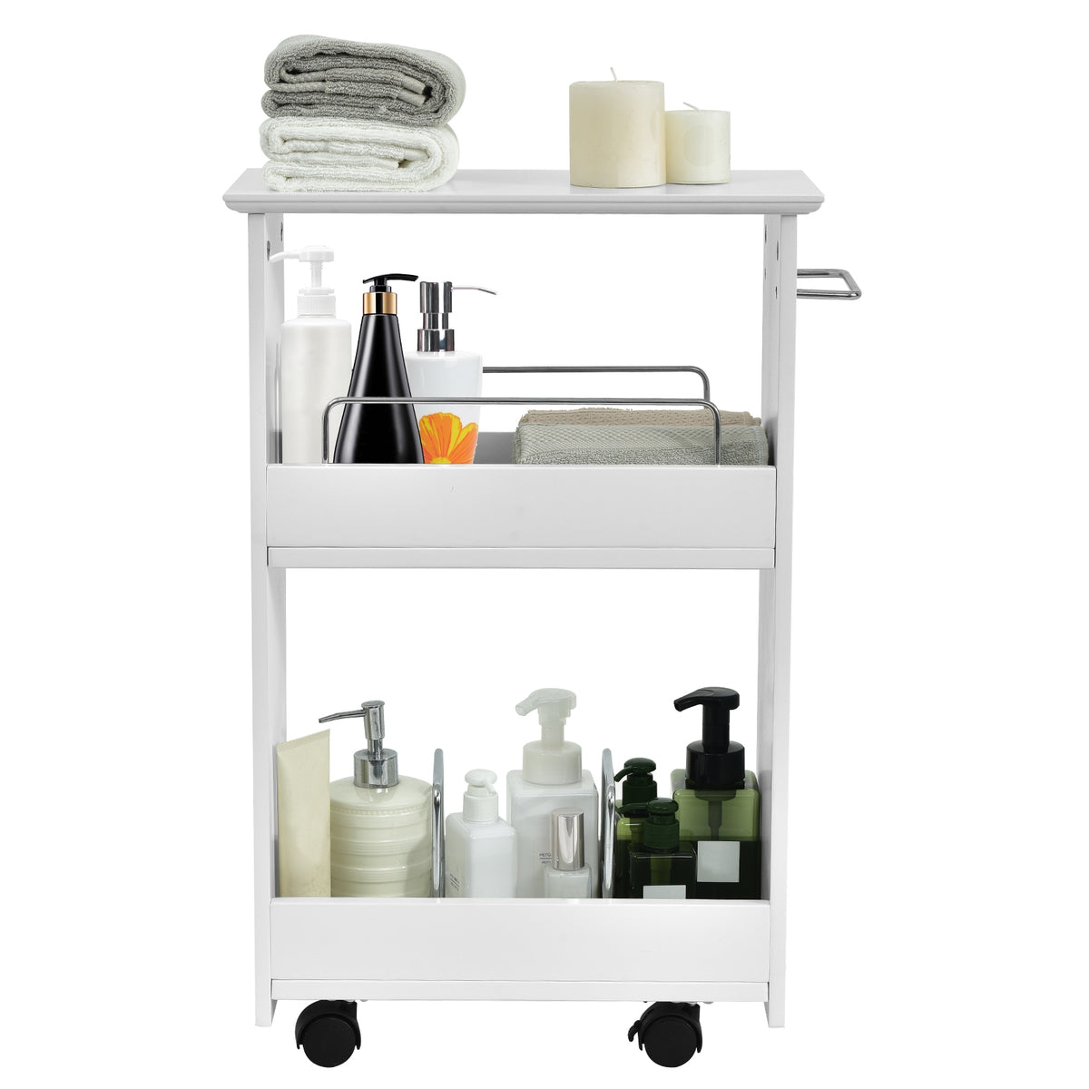 Slim Rolling 3-Tier Bathroom Storage Cabinet with Handle