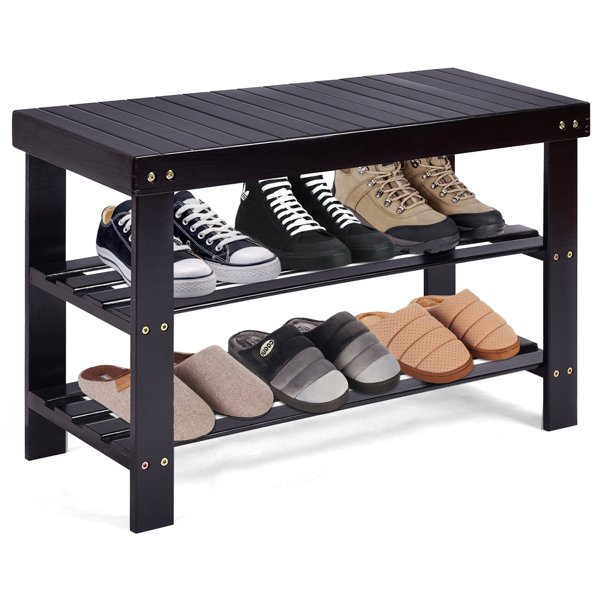 3-Tier Bamboo Shoe Rack Bench, Black