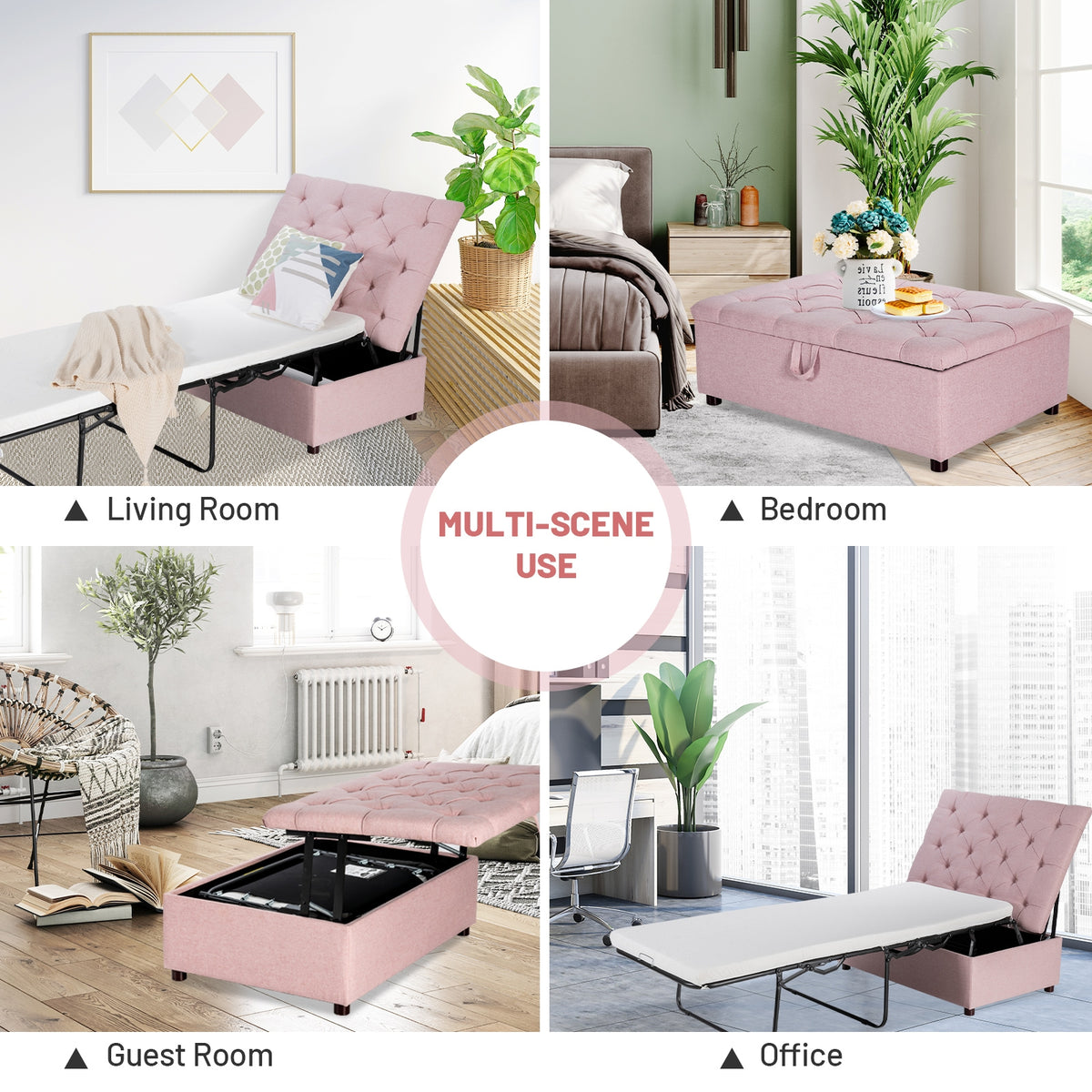 Folding Ottoman Sleeper Bed with Mattress - Pink