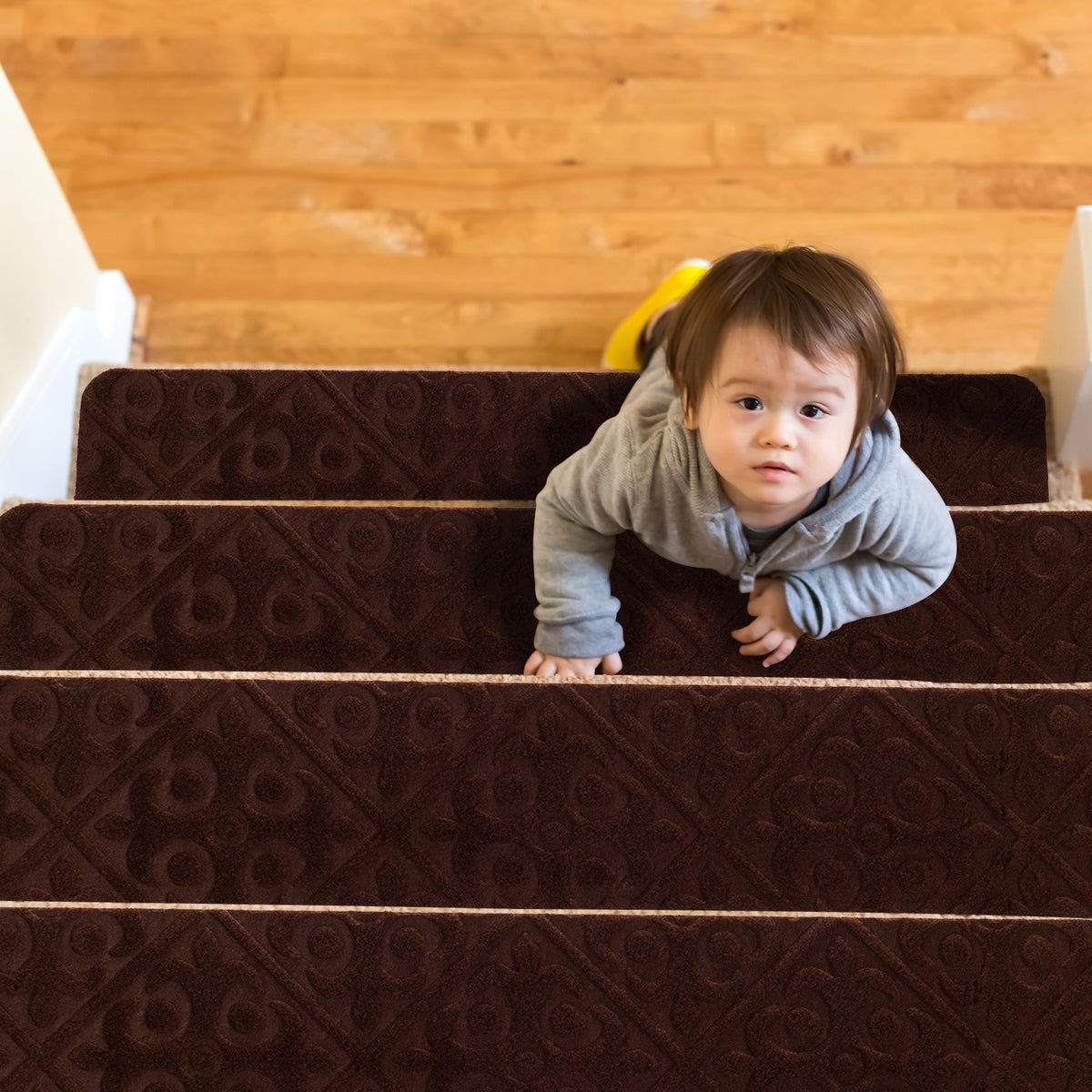 Brown Indoor Non-Slip Stair Carpet Mats - Protect & Reduce Noise, Reusable, Waterproof, 15 Pieces
