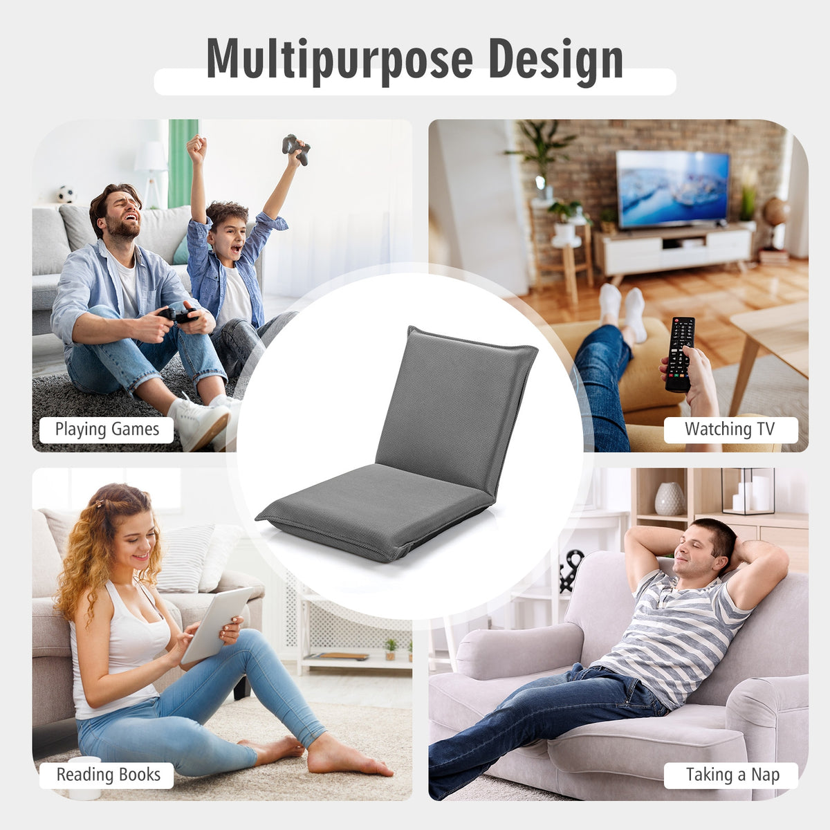 6-Position Folding Floor Chair with Padded Cushion, Gray