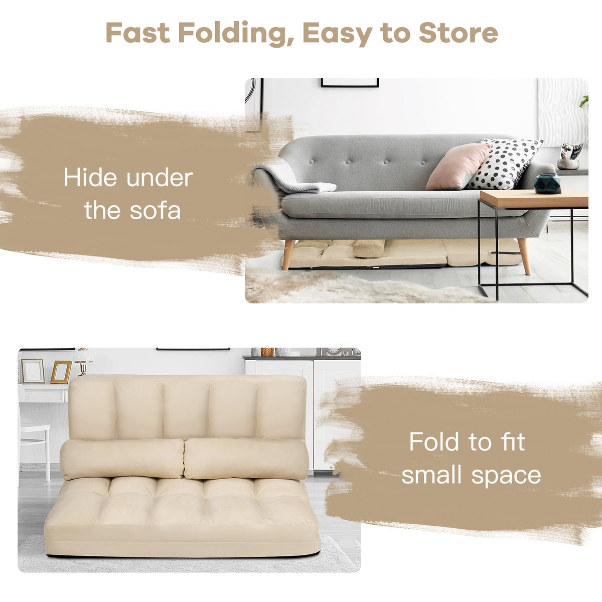 6-Position Foldable Floor Sofa Bed, Beige Composite Suede