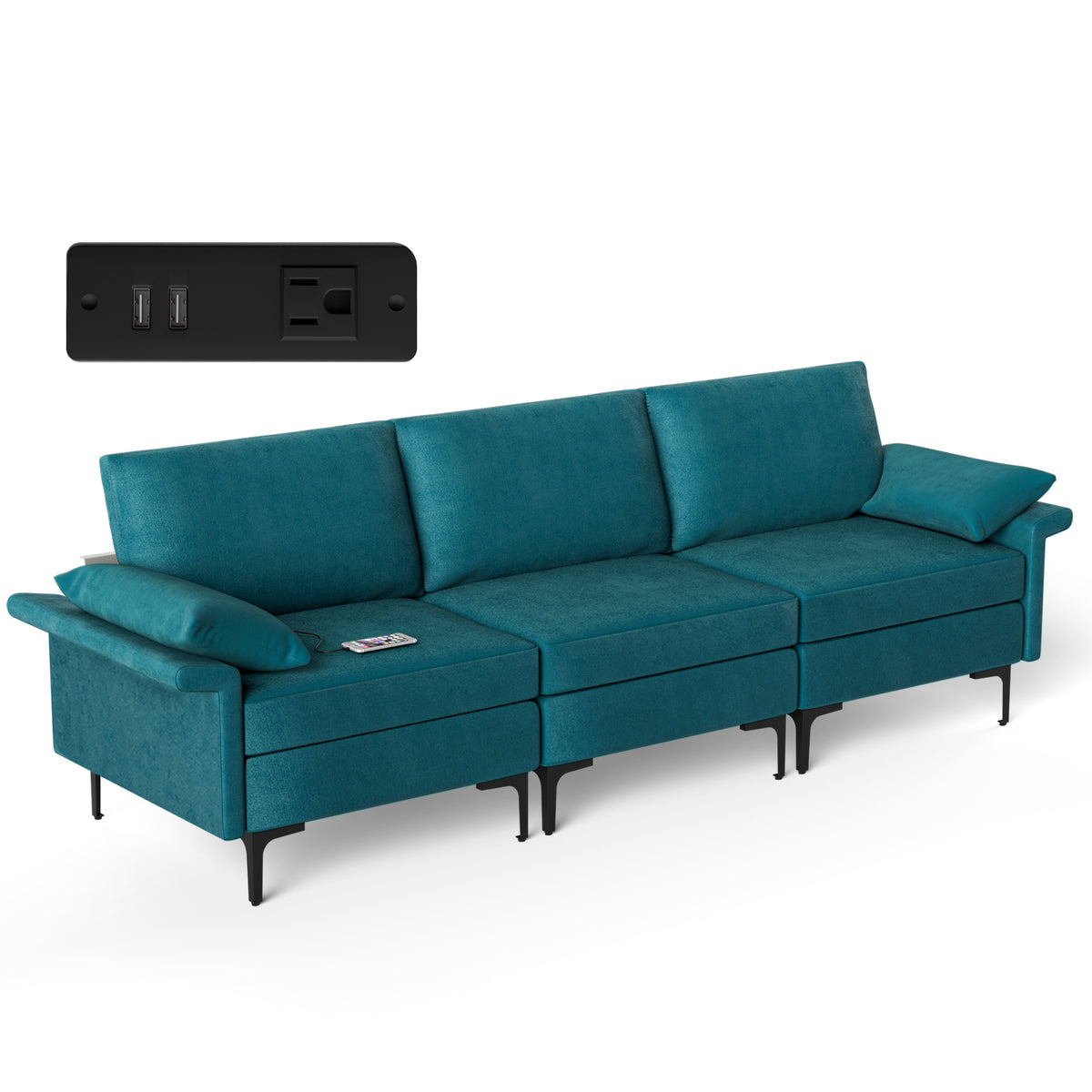 3-Seat Sofa with USB Ports and Metal Legs, Gray