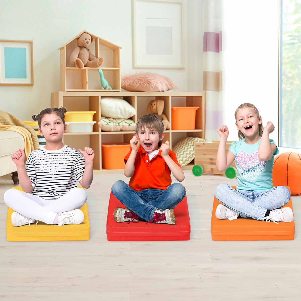 Multicolor 15 Inch Square Toddler Floor Cushions Set with Handles - 6 Pieces