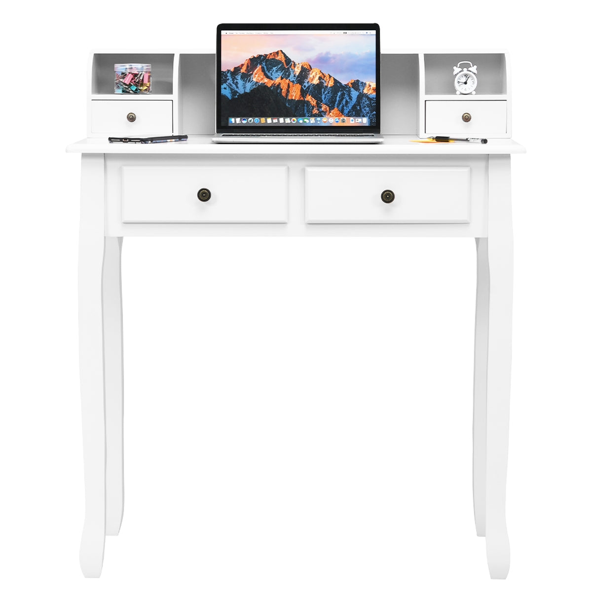 Vintage White Writing Desk with 4 Drawers & Storage Cabinet