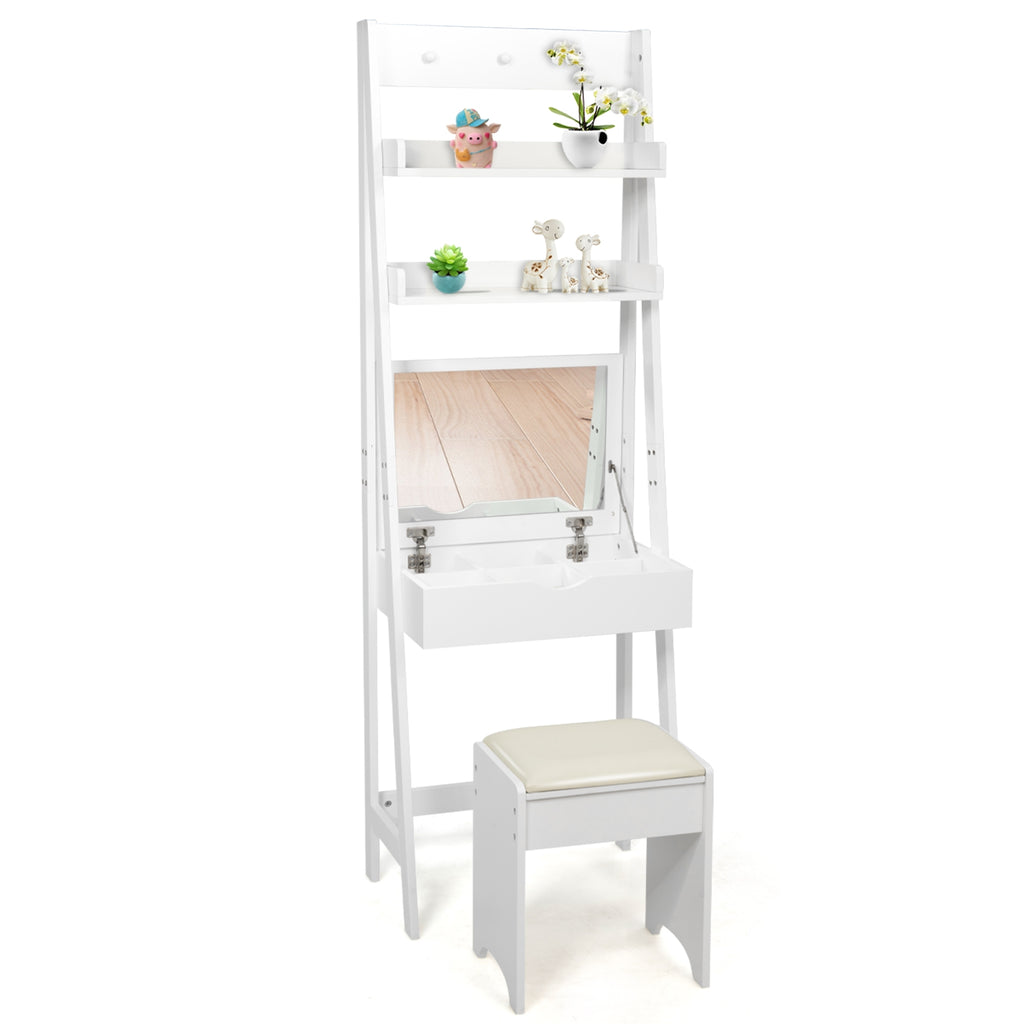 Ladder Vanity Desk with Flip Top Mirror and Cushioned Stool - Black