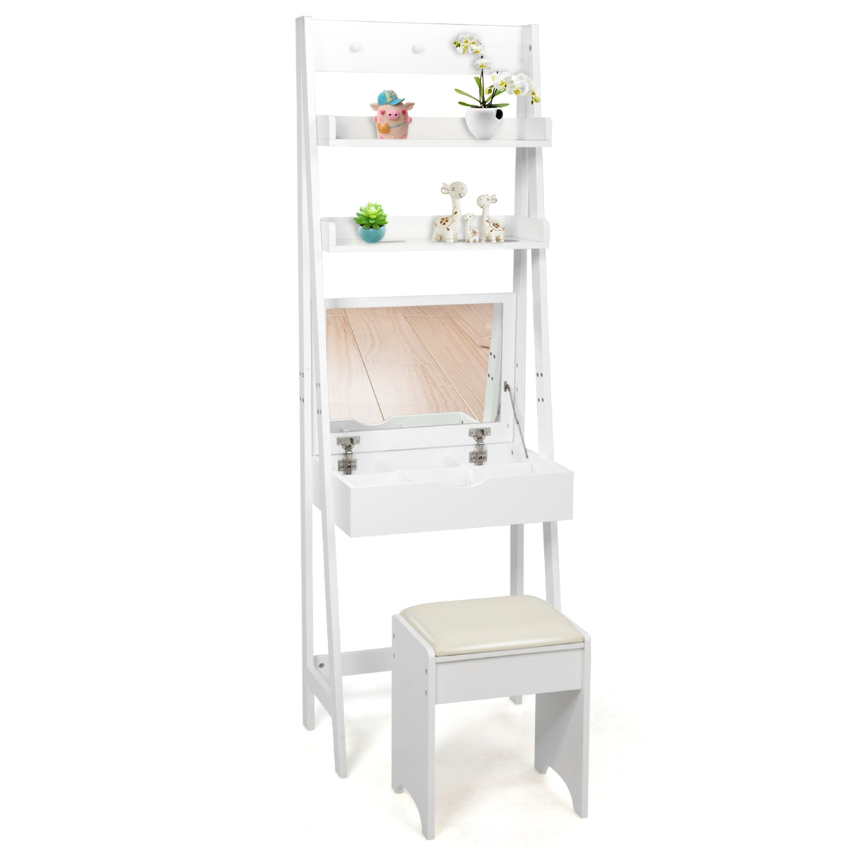Ladder Vanity Desk with Flip Top Mirror and Cushioned Stool - Black