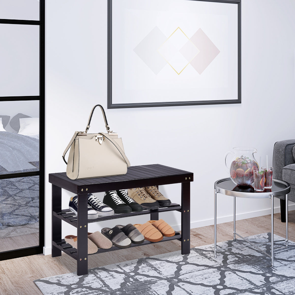 3-Tier Bamboo Shoe Rack Bench, White