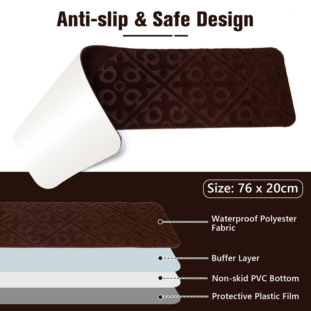 Brown Indoor Non-Slip Stair Carpet Mats - Protect & Reduce Noise, Reusable, Waterproof, 15 Pieces