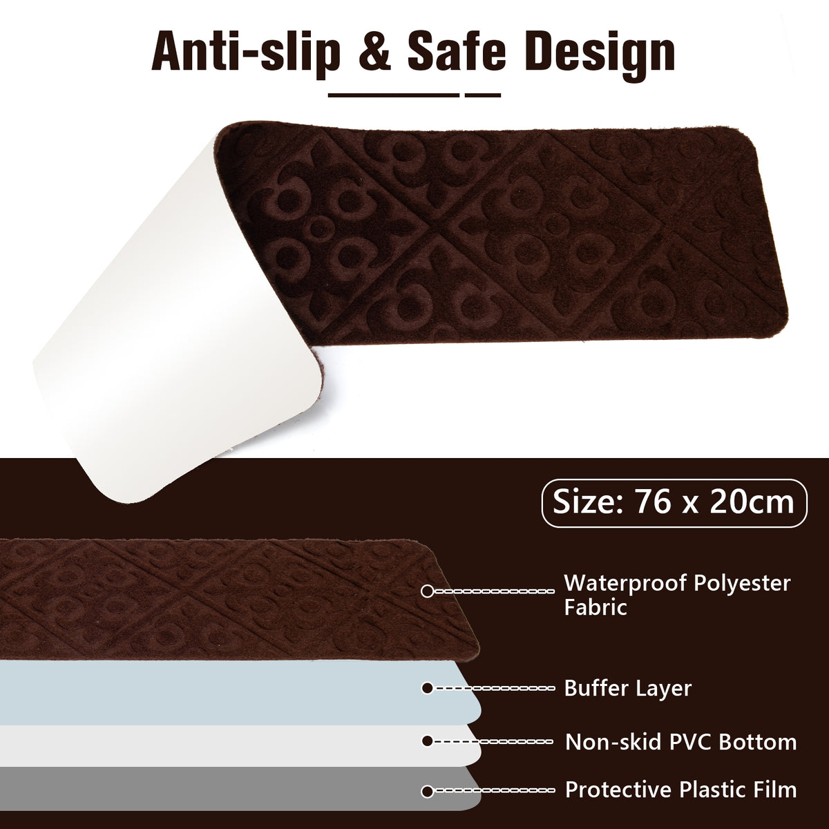 Brown Indoor Non-Slip Stair Carpet Mats - Protect & Reduce Noise, Reusable, Waterproof, 15 Pieces