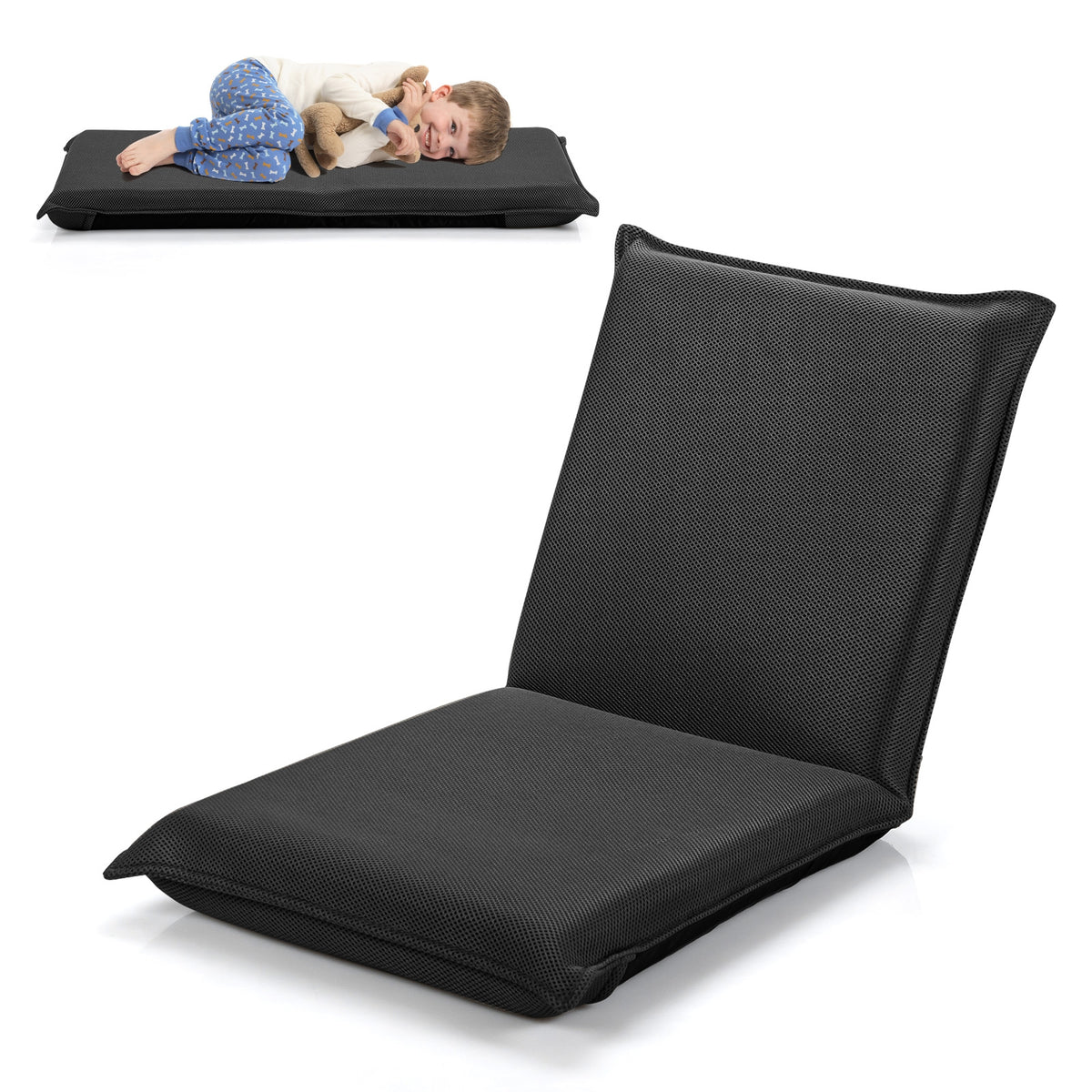 6-Position Folding Floor Chair with Back Support - Black