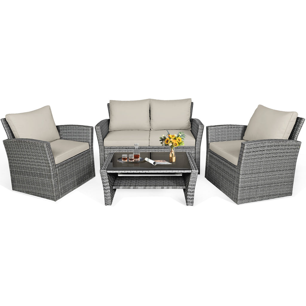 4-Piece Patio Rattan Furniture Set with Sofa & Coffee Table – Gray