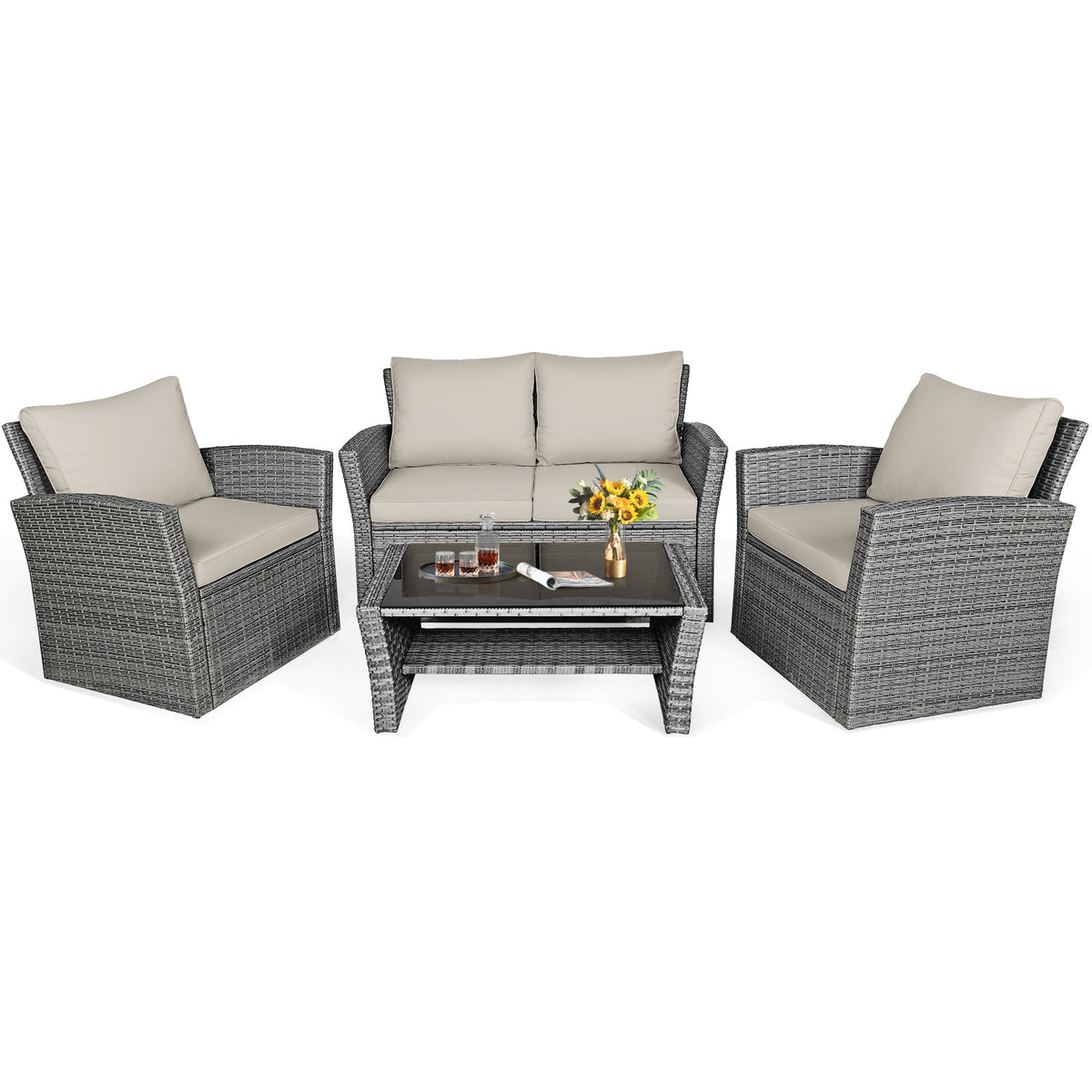 4-Piece Patio Rattan Furniture Set with Sofa & Coffee Table – Gray