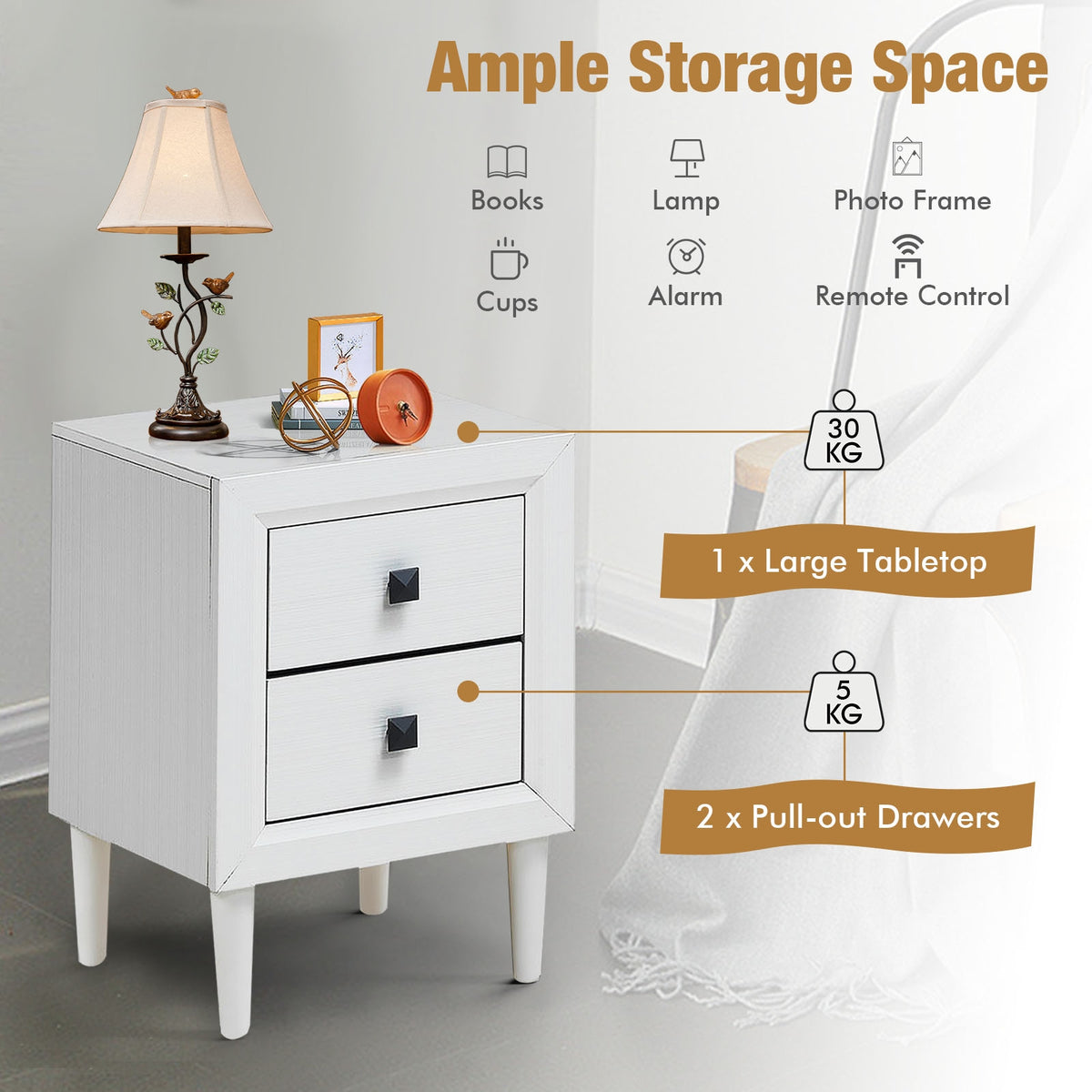 Retro Bedside Nightstand with 2 Drawers - White