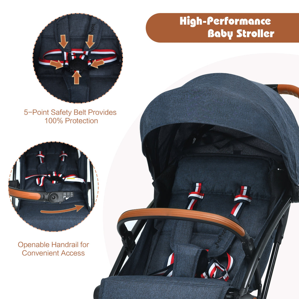 Lightweight Baby Stroller with 3-Position Backrest, Blue - Compact Travel Toddler Pushchair for Airplane