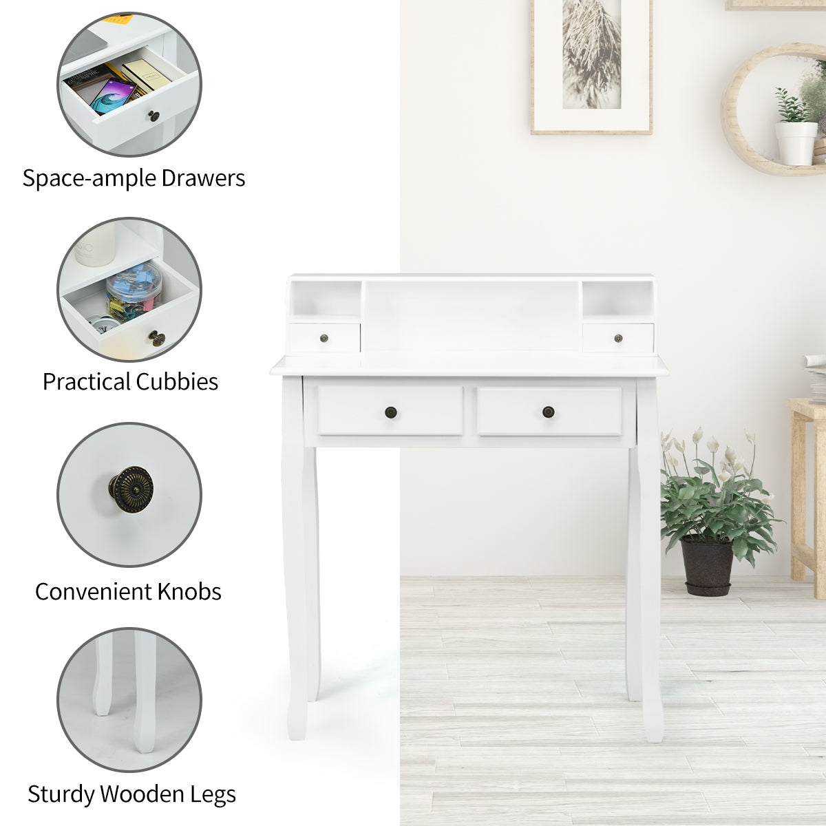 Vintage White Writing Desk with 4 Drawers & Storage Cabinet