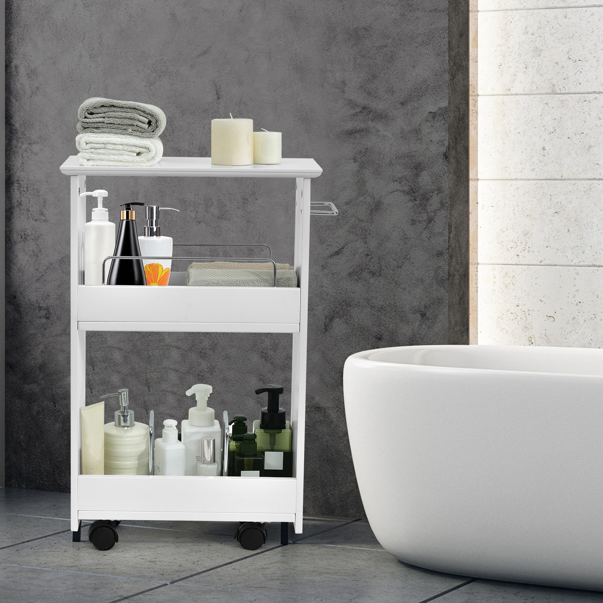 Slim Rolling 3-Tier Bathroom Storage Cabinet with Handle