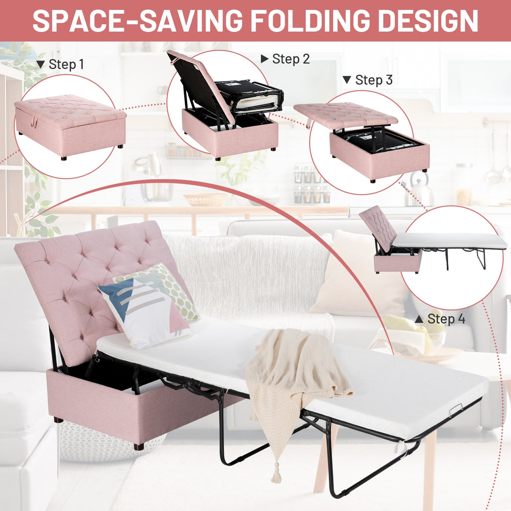 Folding Ottoman Sleeper Bed with Mattress - Pink