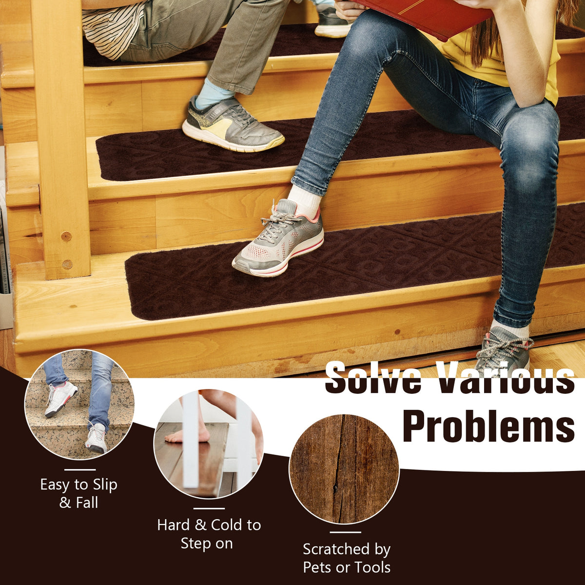 Brown Indoor Non-Slip Stair Carpet Mats - Protect & Reduce Noise, Reusable, Waterproof, 15 Pieces