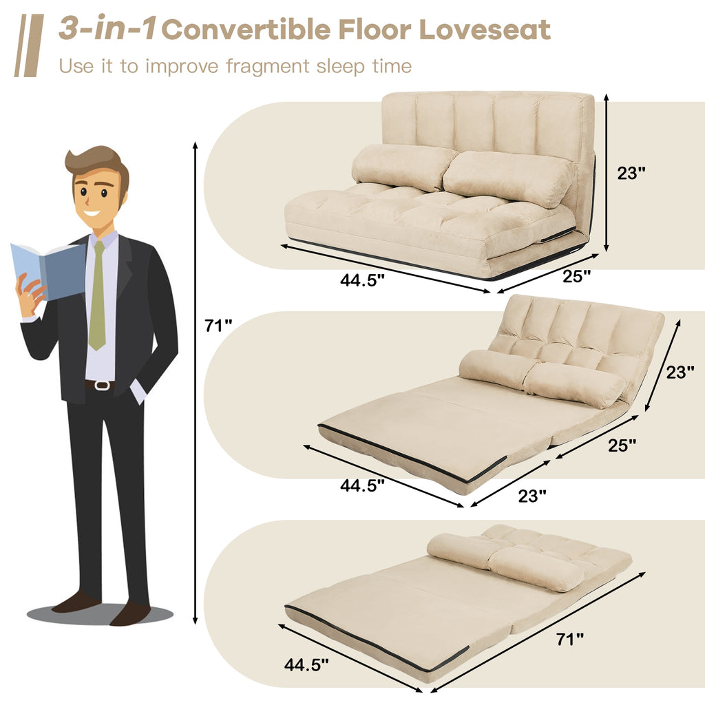 6-Position Foldable Floor Sofa Bed, Beige Composite Suede