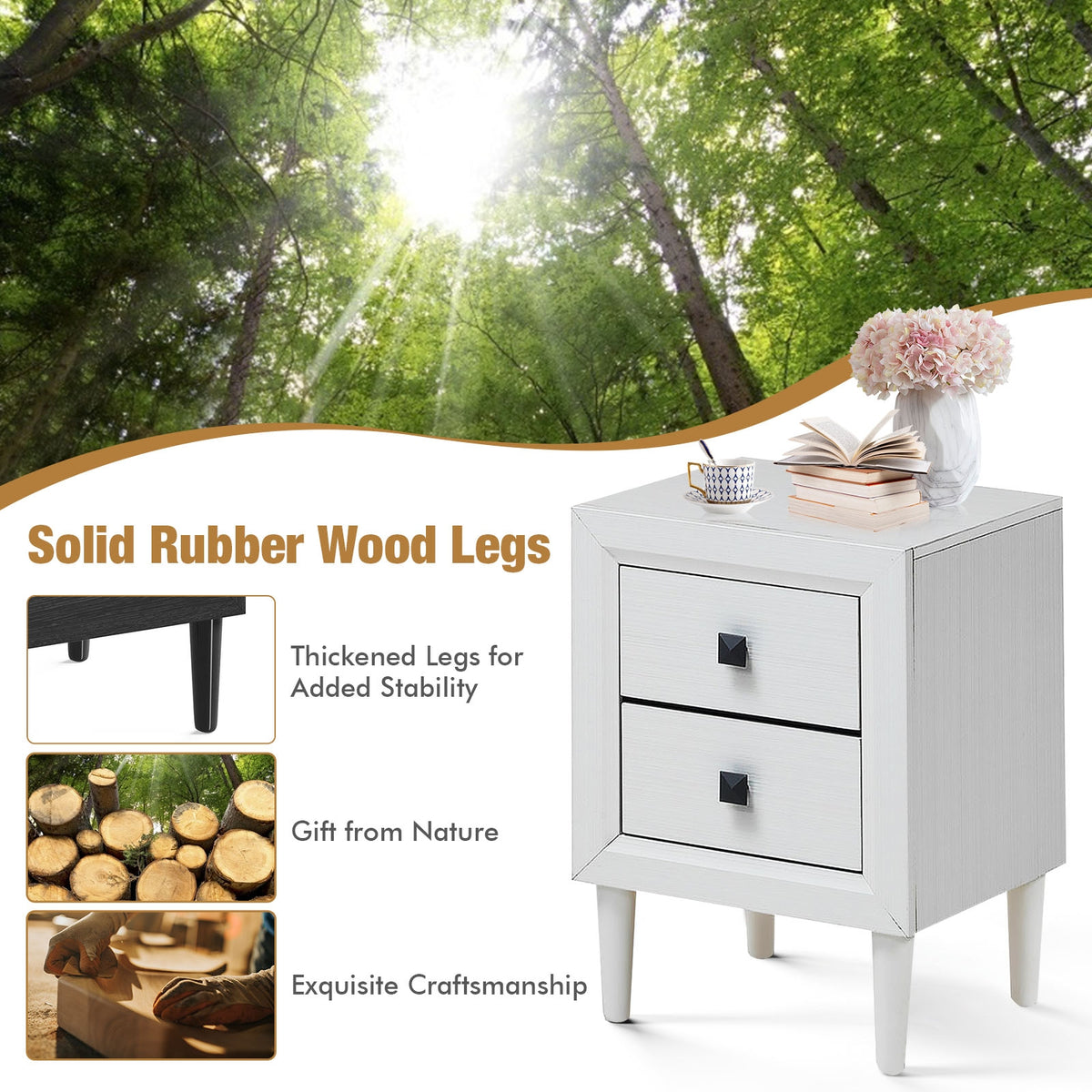 Retro Bedside Nightstand with 2 Drawers - White
