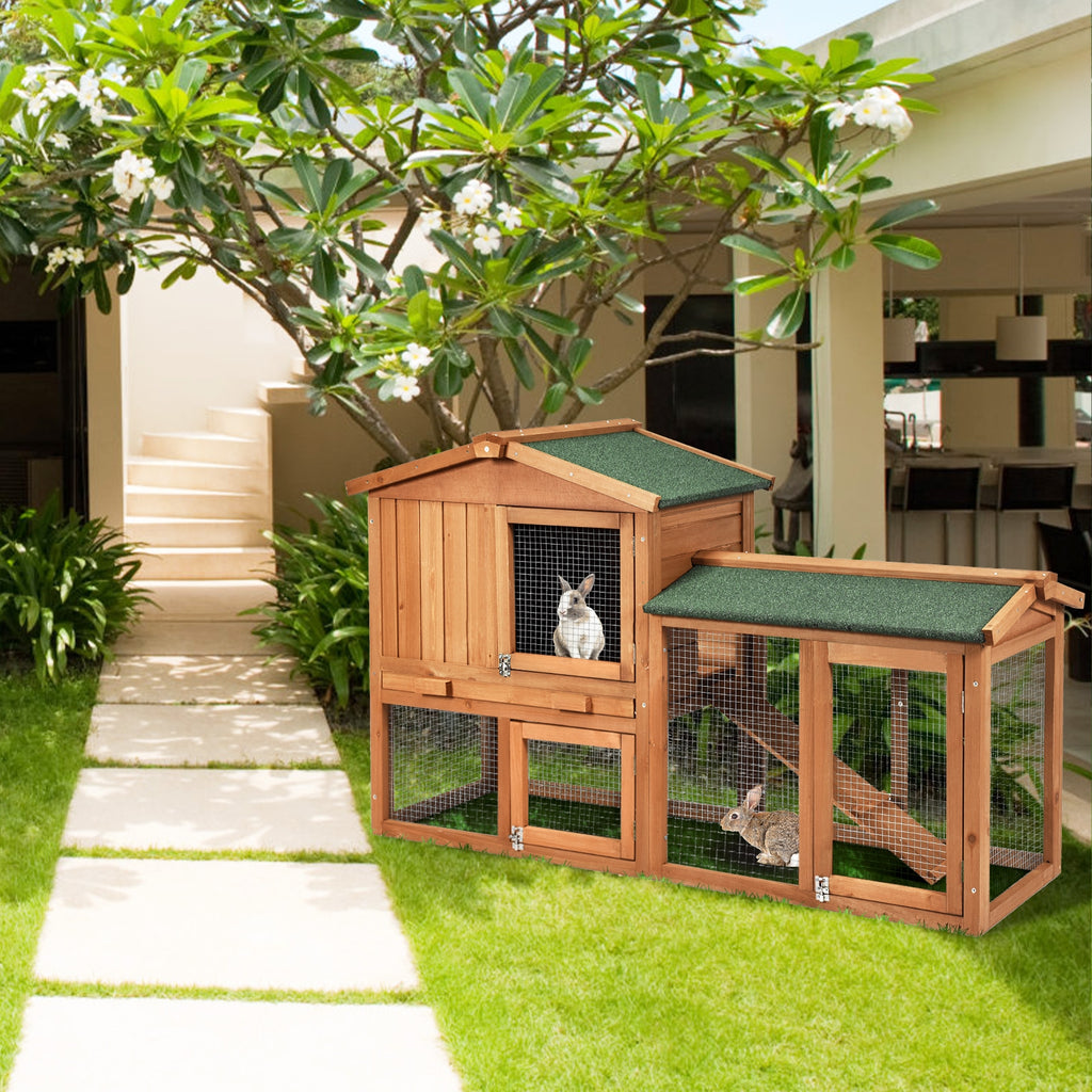 58 Inch Weatherproof Wooden Rabbit Hutch with Lockable Doors - Brown Variation