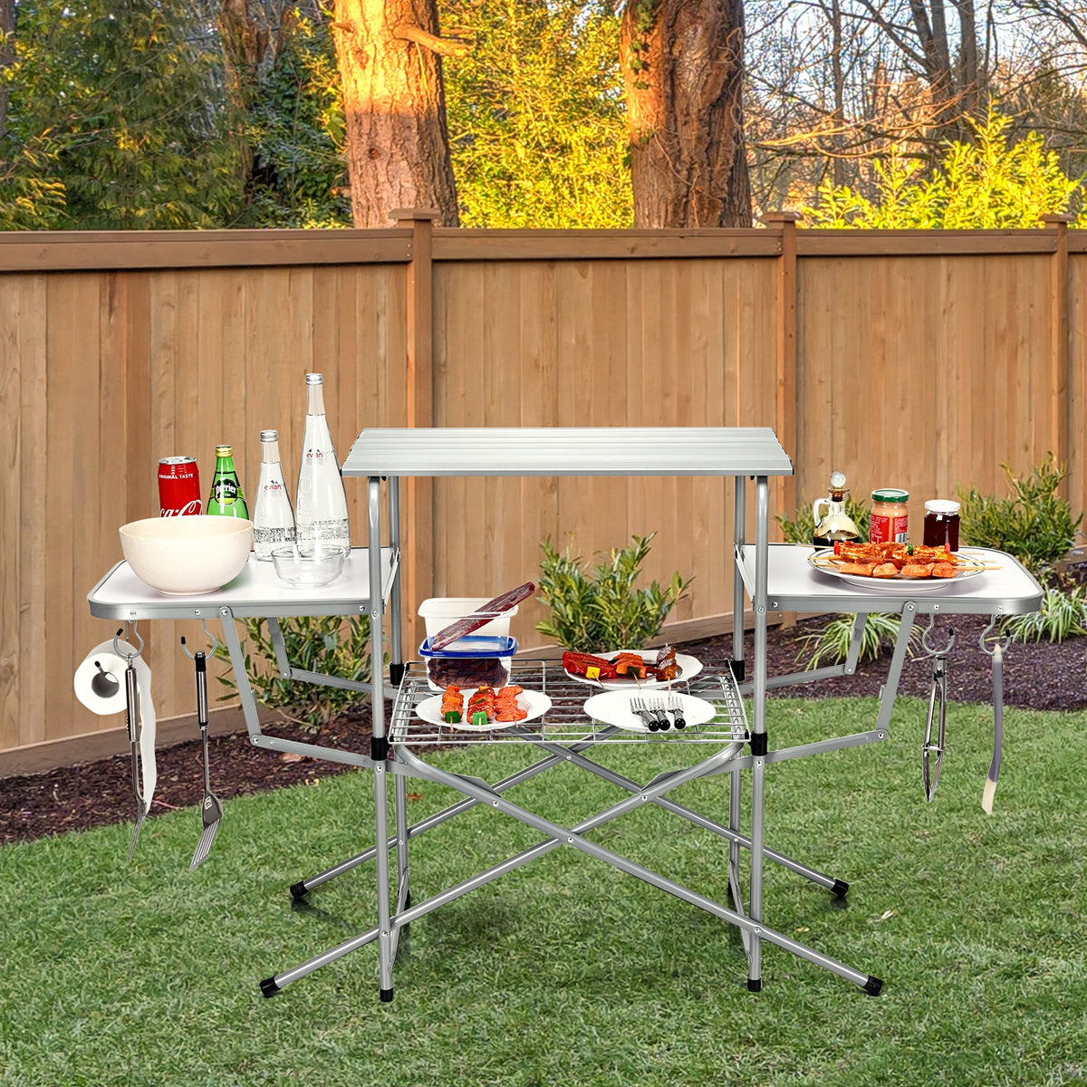 Foldable Outdoor BBQ Grilling Table with 2 Side Tables
