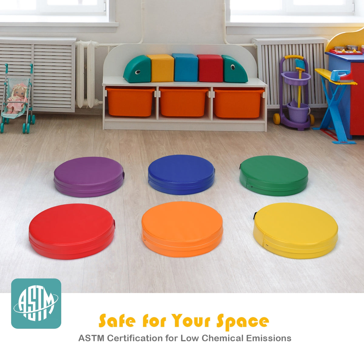 Multicolor 15 Inch Round Toddler Floor Cushions - 6 Pieces, Waterproof & Cushioned