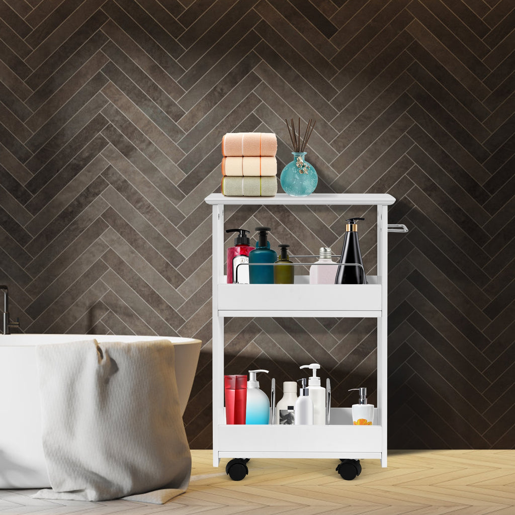 Slim Rolling 3-Tier Bathroom Storage Cabinet with Handle