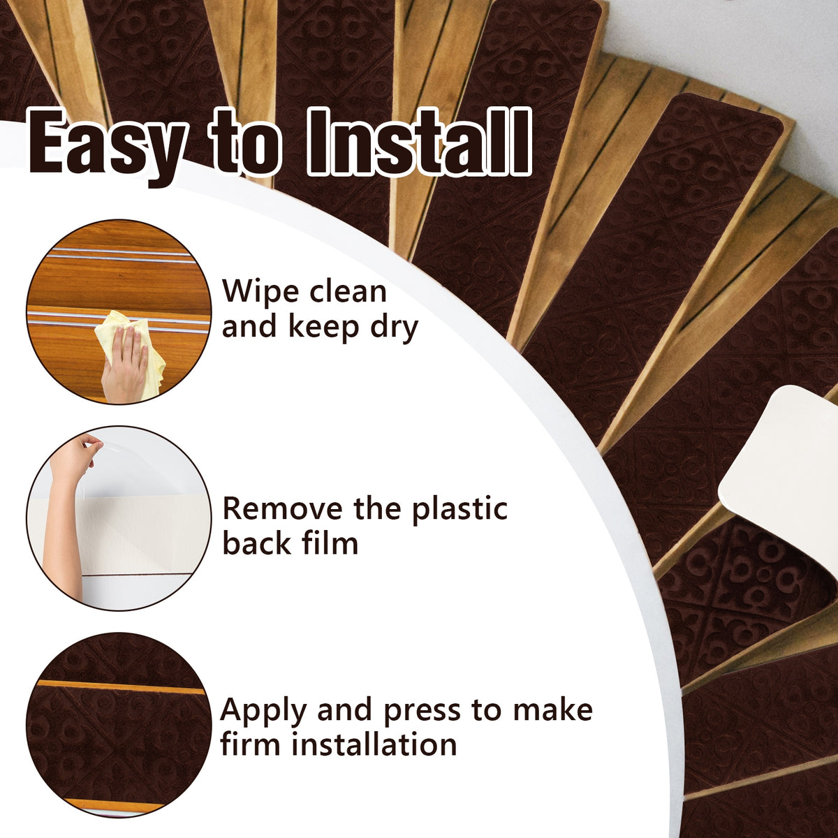 Brown Indoor Non-Slip Stair Carpet Mats - Protect & Reduce Noise, Reusable, Waterproof, 15 Pieces