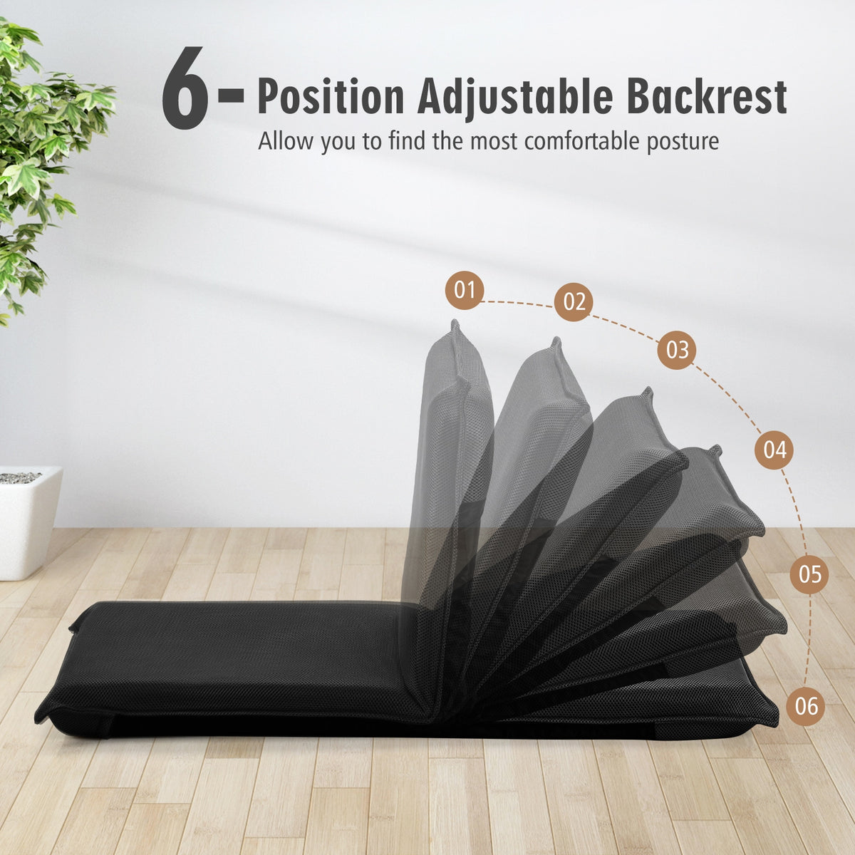 6-Position Folding Floor Chair with Back Support - Black