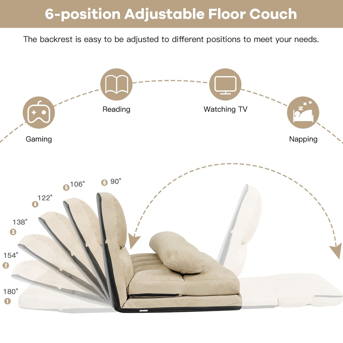 6-Position Foldable Floor Sofa Bed - Beige Composite Suede