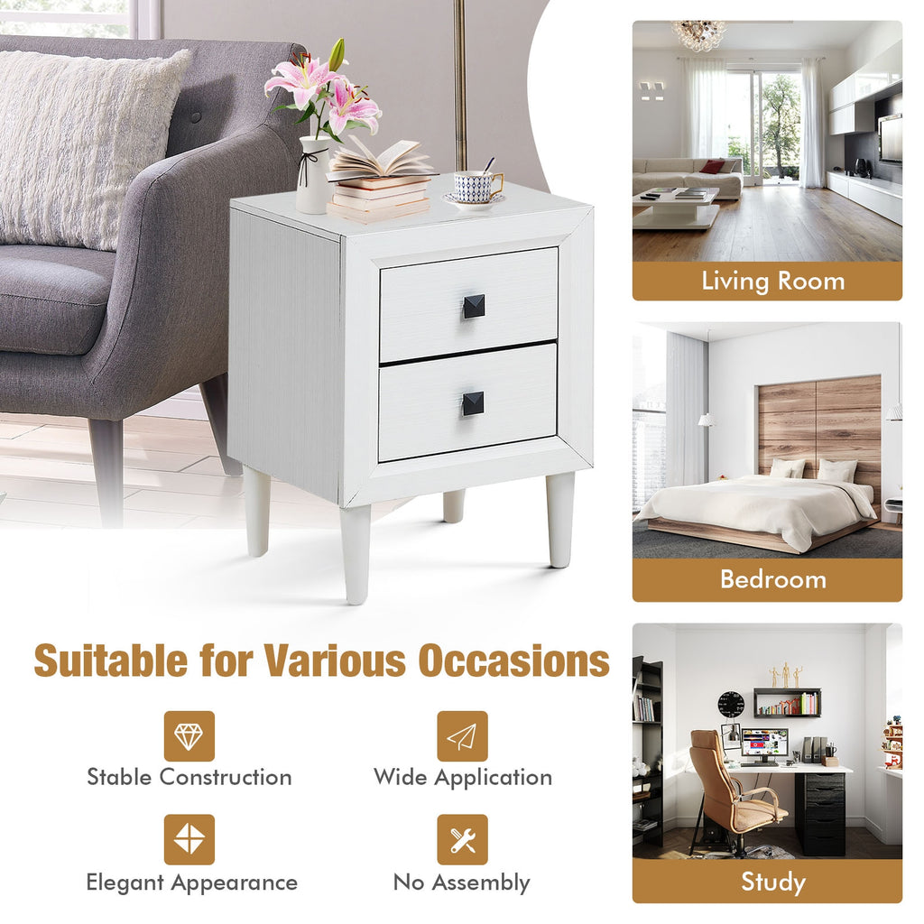Retro Bedside Nightstand with 2 Drawers - White