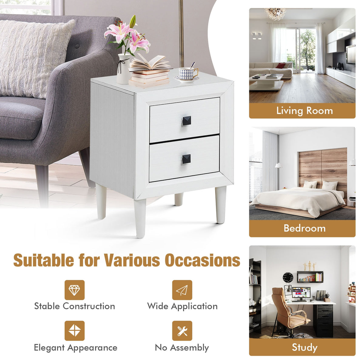 Retro Bedside Nightstand with 2 Drawers - White