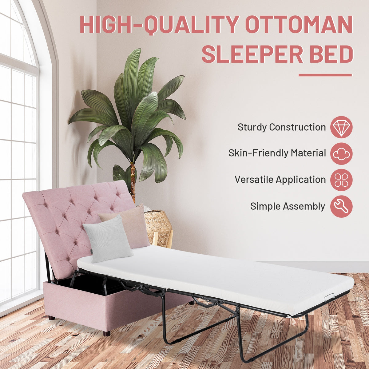 Folding Ottoman Sleeper Bed with Mattress, Pink