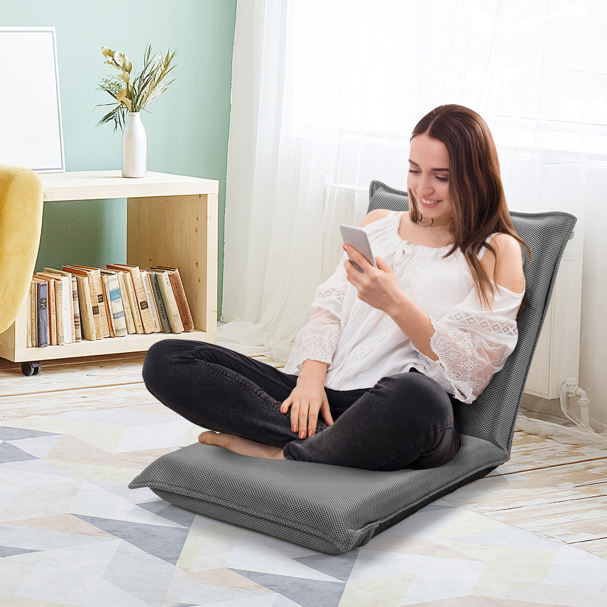 6-Position Folding Floor Chair with Padded Support, Gray