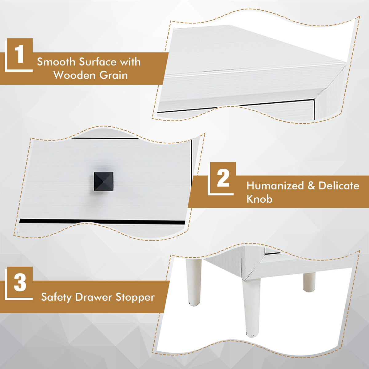 Retro Bedside Nightstand with 2 Drawers - White