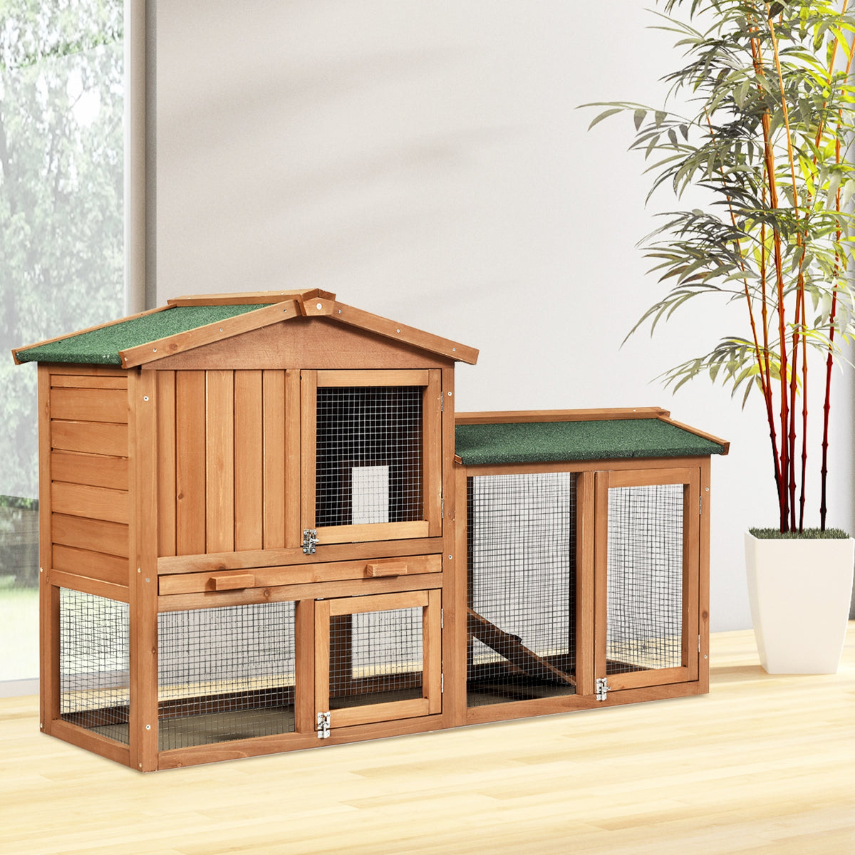 58 Inch Weatherproof Wooden Rabbit Hutch with Lockable Doors - Brown Variation