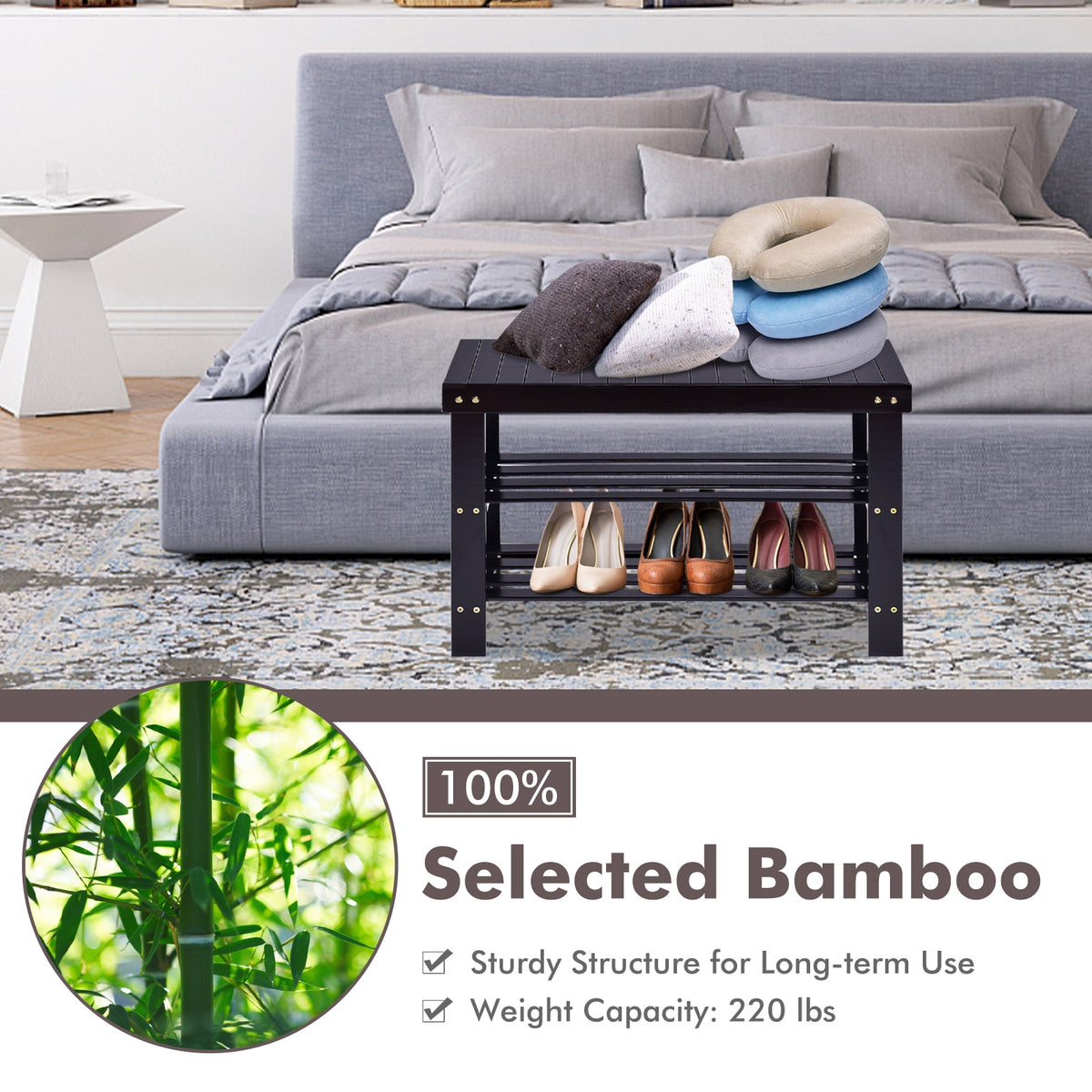 3-Tier Bamboo Shoe Rack Bench, Black