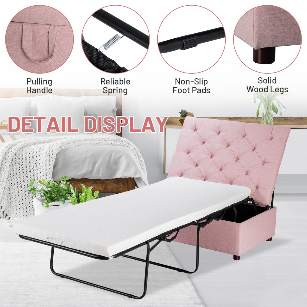 Folding Ottoman Sleeper Bed with Mattress - Pink